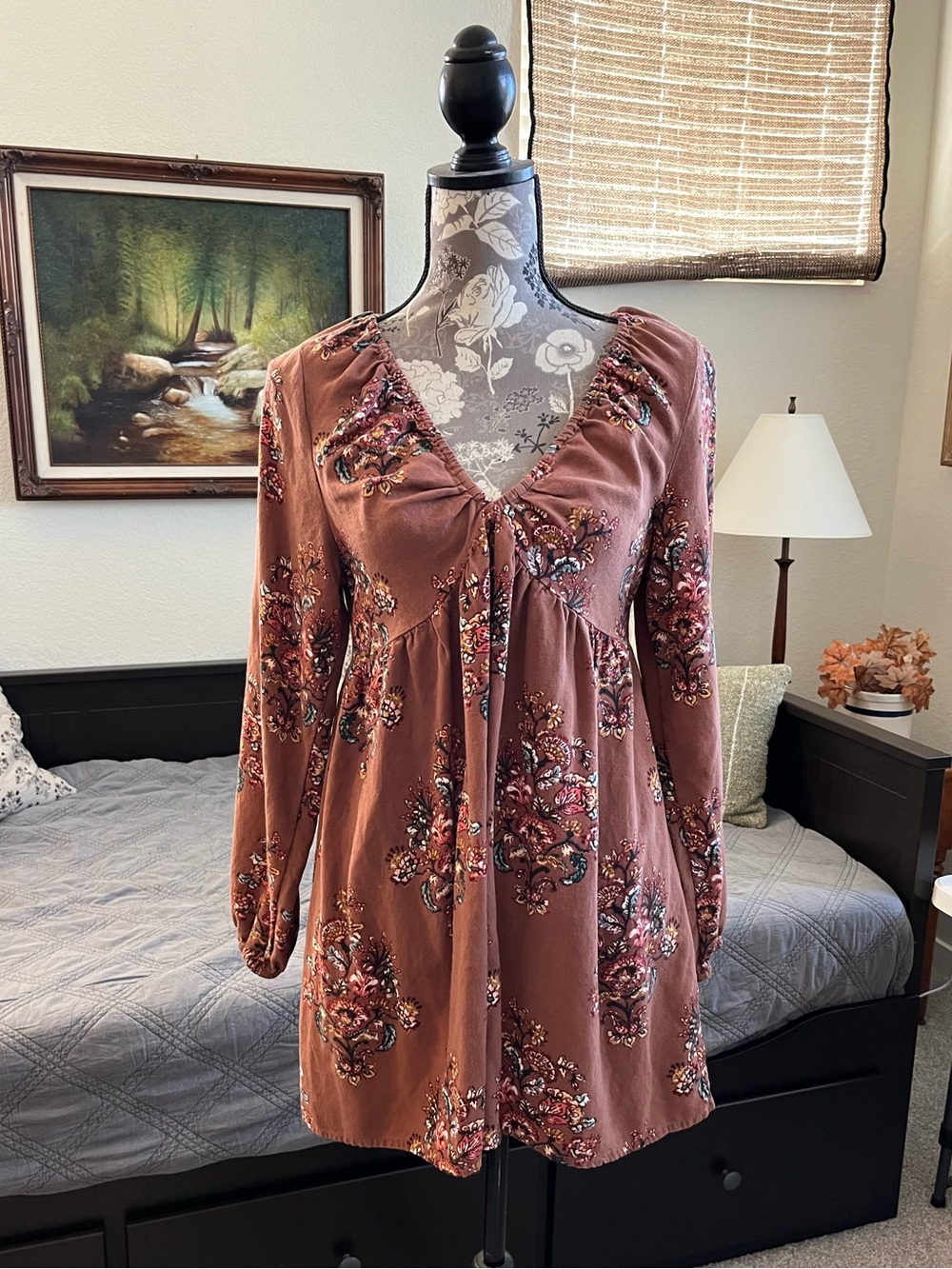 O'Neill Rust Floral V-Neck Long Sleeve Tunic Dress